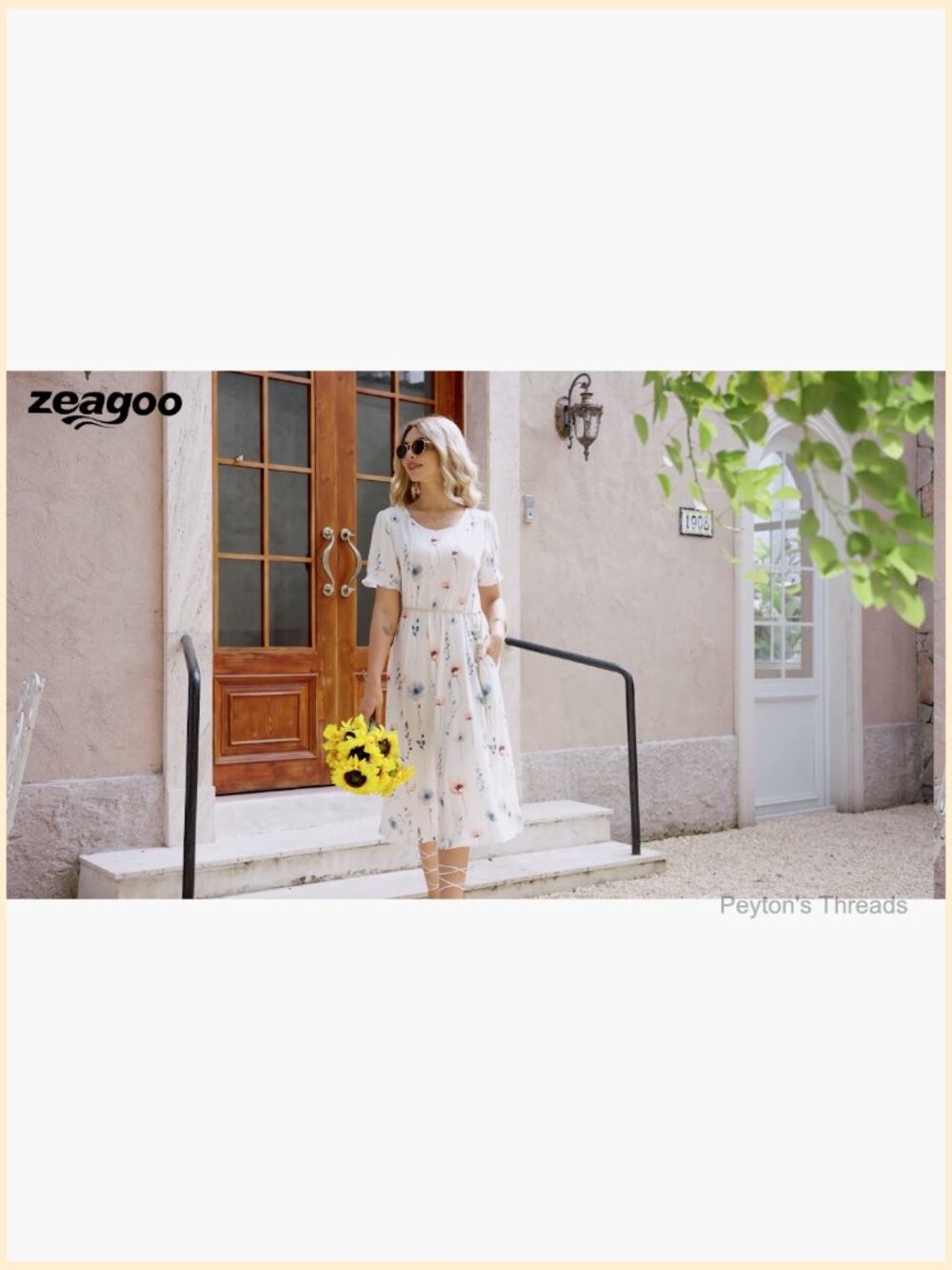Women's Casual Midi Dress with Puff Sleeves, Pleated Flowy Sundress with - Picture 7 of 7